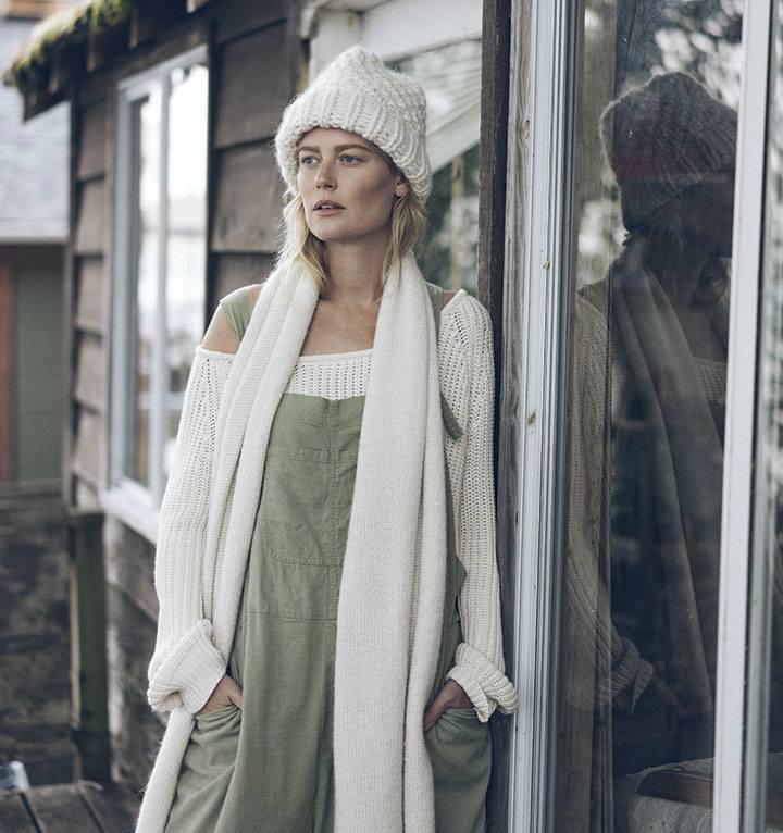 PHOTOGRAPH BY MACKENZIE DUNCAN. Vintage linen jumper (Open House, $90); cotton cashmere Balance sweater (Nicole Bridger, $288); linen wrap and cream toque in alpaca wool (hendriklou.com or at Open House, both $120)