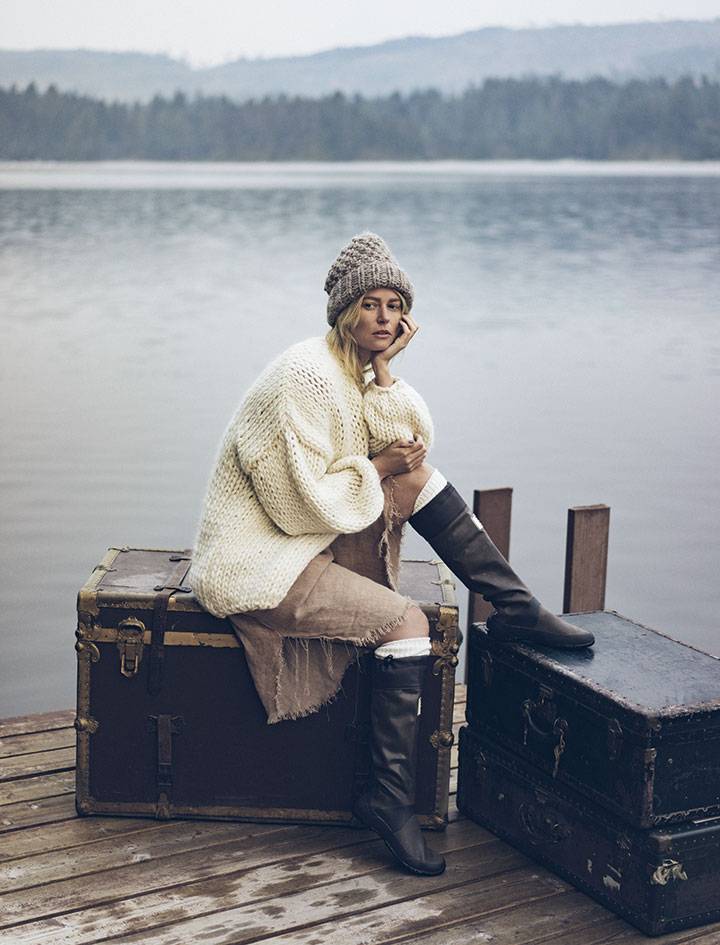 PHOTOGRAPH BY MACKENZIE DUNCAN. WovenWares linen dress (wovenwares.xyz, $325); hand-knit cardigan by Hendrik Lou in Peruvian wool (hendriklou.com or at Open House, $450); moss toque by Hendrik Lou in alpaca wool (hendriklou.com, $120); rain boots (Heart & Sole Shoes, $149); white scrunch socks (Heart & Sole Shoes, $27)