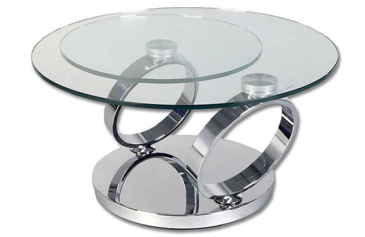 The two-level swivel glass coffee table with chrome base from Home Articles is space saving — and impressive. (Luxe Home Interiors, starting at $1,015)