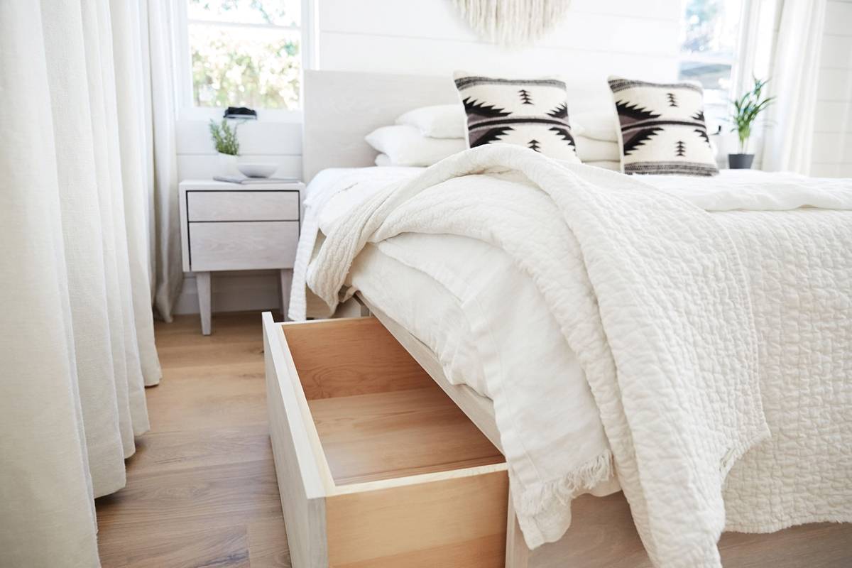 Storage Bed With Drawers In Whitewash Wood In Rustic Farmhouse Cottage Bedroom