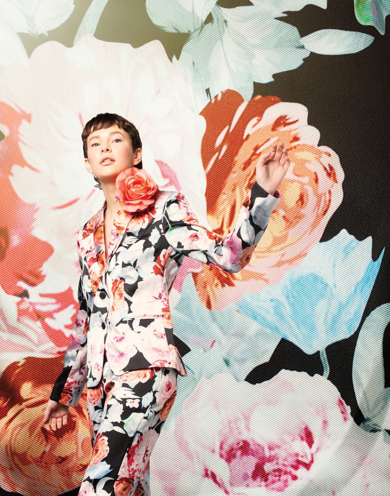 Custom- made Pink Peonies pantsuit, designed by Janine Metcalfe, available through @janinemetcalfe on Instagram