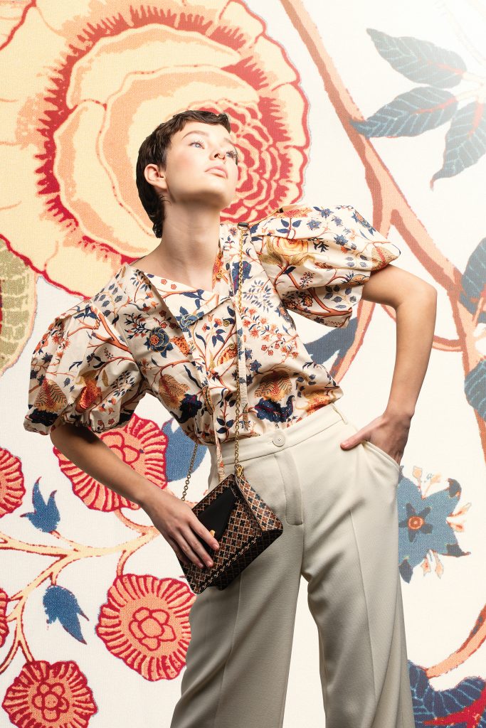 Johnson Elise top in Daisy, Tree of Life print, Iris Setlakwe Gaucho pant and By Malene Birger ELI bag, all available at Bernstein & Gold.