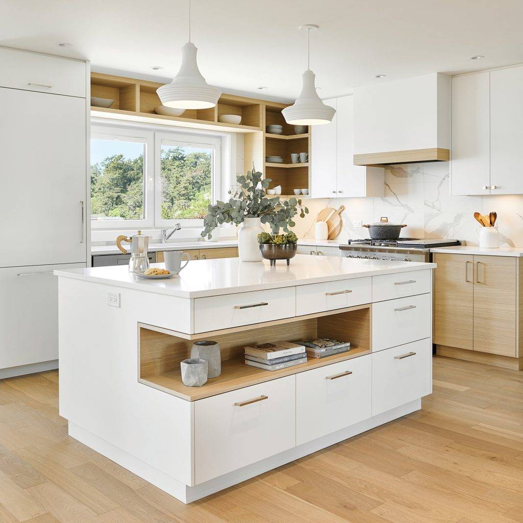 The Mid Century Mod kitchen finish package by Jenny Martin Design includes specs for the countertop, backsplash, cabinetry and hardware, light fixtures, paint and flooring.