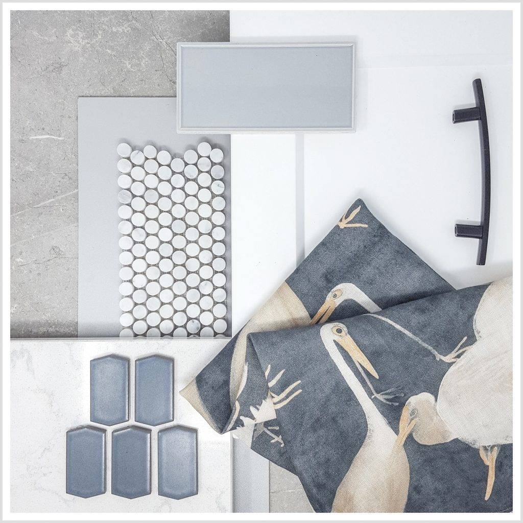 The Deep Waters bathroom package by Danisha Drury Design includes specs for flooring, countertop, backsplash and shower tile, cabinetry and hardware, and a shower curtain.