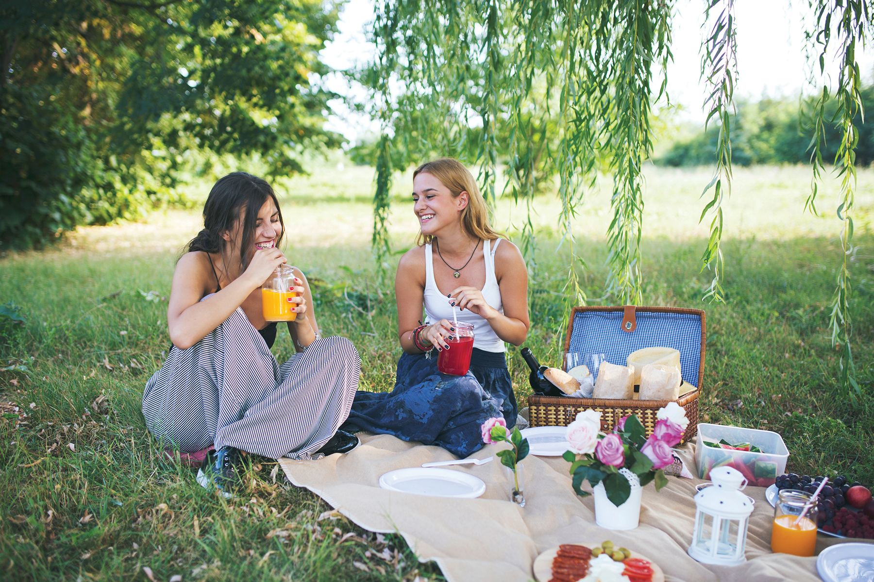 Female friends in the park having picnic on a sunny day