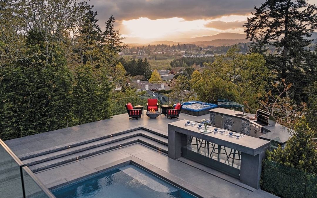 stylish patio with luxury large outdoor kitchen