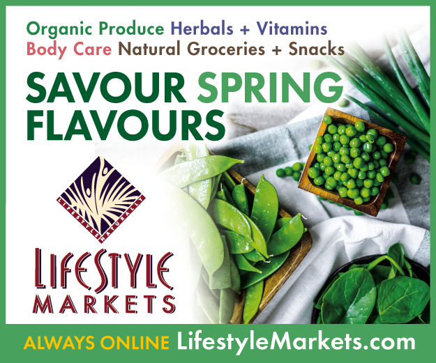 Ad for Lifestyle Markets with image of green vegetables and description of what Lifestyle Markets sells, ex. organic produce.