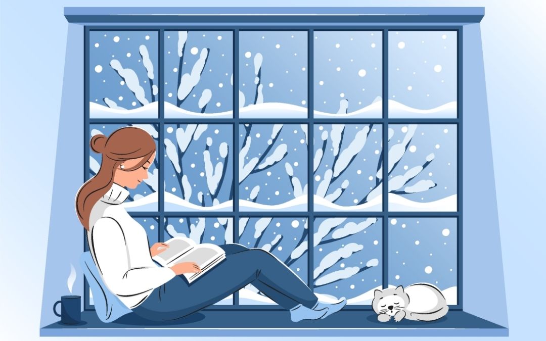 drawing of a woman reading in winter
