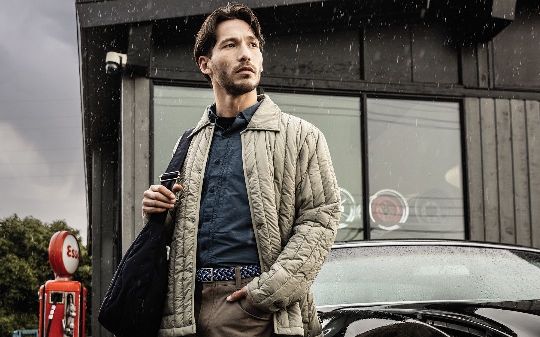 Quilted overshirt and utility pant styled with woven belt detail.